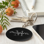 グラマラスな白黒の名前モノグラムのキーチェーン キーホルダー (側面)