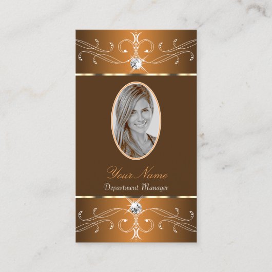グラマラスな茶色のオレンジ華美色のオーナメントと写真 名刺 (正面)