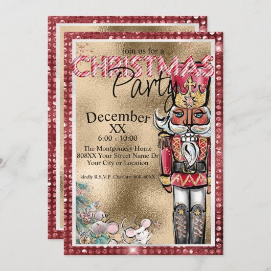 グラマラスな金ゴールドとレッドダイヤモンドナツクラッカークリスマス 招待状 (正面/裏面)