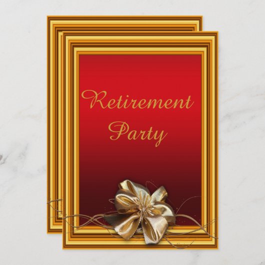 グラマラスな金ゴールドフレームフェイク&ボウ退職パーティー 招待状 (正面/裏面)