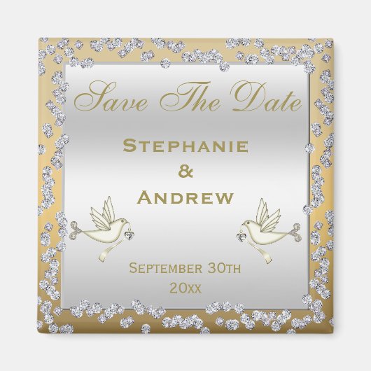 グラマラスな金ゴールド&シルバーダイヤモンド&ドヴ結婚ズ マグネット (正面)