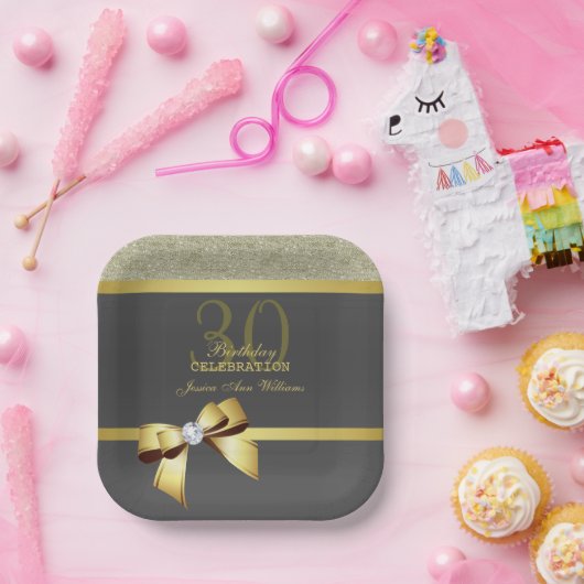 グラマラスな金ゴールド&ブラック・バースデーパーティー ペーパープレート (パーティー)