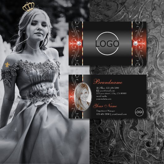 グラマラスな黒い溶岩レッドの斜角のロゴと写真 名刺