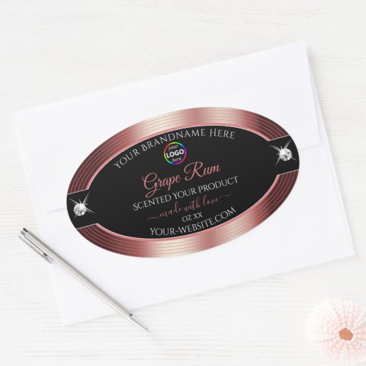 グラマラスな黒の光沢のあるワインレッドのロゴ製品ラベル 楕円形シール (封筒)