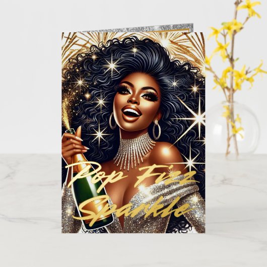 グラマラスな黒人女性がシャンパンNYE 箔グリーティングカード (黄色い花)