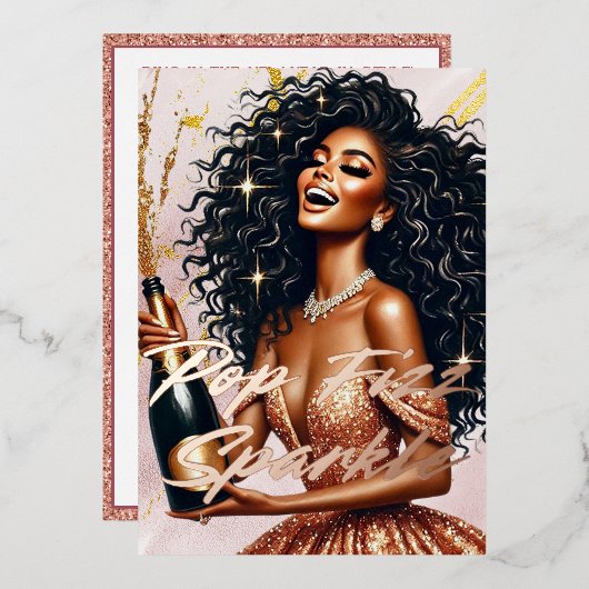グラマラスな黒人女性ポッピングシャンパーニュNYEパーティー 箔招待状 (正面/裏面)