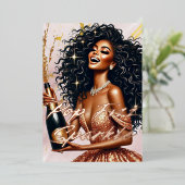 グラマラスな黒人女性ポッピングシャンパーニュNYEパーティー 箔招待状 (立ち正面)