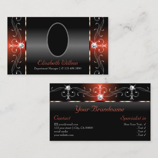 グラマラスな黒褐色の角切り宝石と写真 名刺 (正面/裏面)