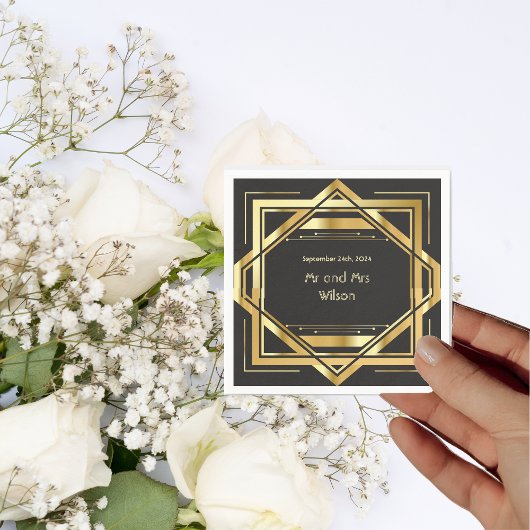 グラマラスアールデコ金ゴールドオンブラックヴィンテージディナー スタンダードカクテルナプキン