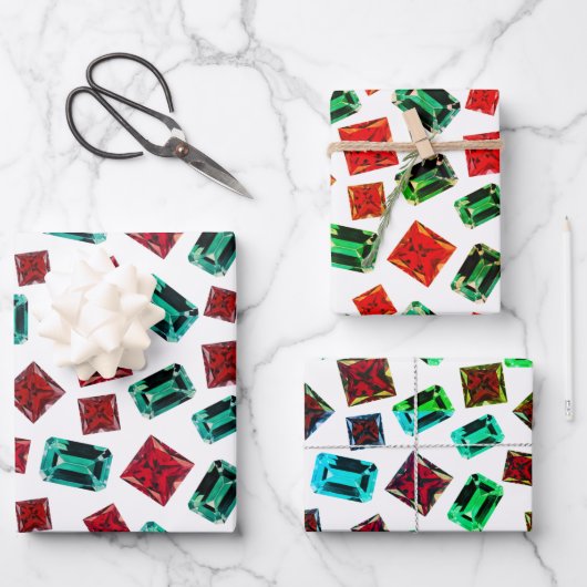 グラマラスエレガントエメラルドグリーンルビージェムズパターン ラッピングペーパーシート (正面)