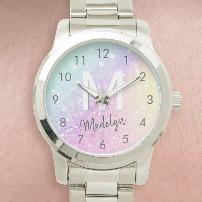 グラマラスグリッター自筆証書モノグラムのかわいらし 腕時計 (Nothing says glam like this stunning watch that features a holographic glitter effect and your name.)