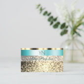 グラマラスティール（緑がかった色）と金ゴールドきらめくグリッターモノグラム 名刺 (スタンド正面)