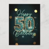 グラマラスティール(緑がかった色)と金ゴールドモザイク50誕生日 ポストカード (正面)