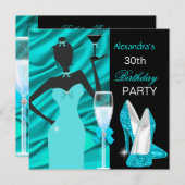 グラマラスティール（緑がかった色）ブルーパーティーガールシャンパン誕生日 招待状 (正面/裏面)