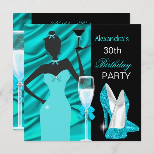 グラマラスティール（緑がかった色）ブルーパーティーガールシャンパン誕生日 招待状 (正面/裏面)