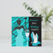 グラマラスティール（緑がかった色）ブルーパーティーガールシャンパン誕生日 招待状 (スタンド正面)