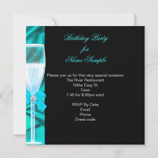 グラマラスティール（緑がかった色）ブルーパーティーガールシャンパン誕生日 招待状 (裏面)