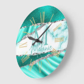 グラマラスティール(緑がかった色)マーブル&シルバーグリッター ラージ壁時計 (傾斜)