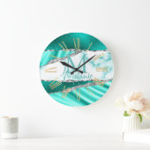 グラマラスティール(緑がかった色)マーブル&シルバーグリッター ラージ壁時計 (ホーム)