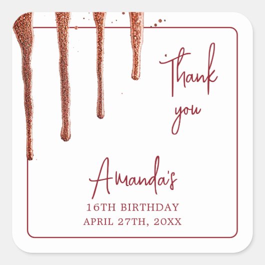 グラマラスバラ金ゴールドグリッタードリップスウィート16誕生日 スクエアシール (正面)