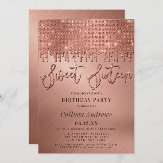 グラマラスバラ金ゴールドグリッターピクセル甘い16 招待状 (正面/裏面)