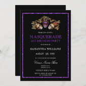 グラマラスパープルグリッター仮装舞踏会21歳の誕生日 招待状 (正面/裏面)