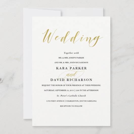 グラマラスフェイク金ゴールドクラシック結婚式招待状 招待状 (正面)