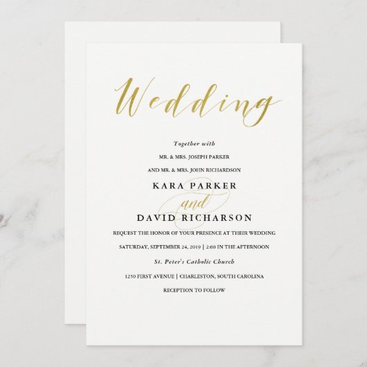 グラマラスフェイク金ゴールドクラシック結婚式招待状 招待状 (正面/裏面)