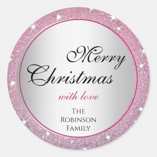 グラマラス星ピンクグラデーショングリッター効果X-Mas ラウンドシール (正面)