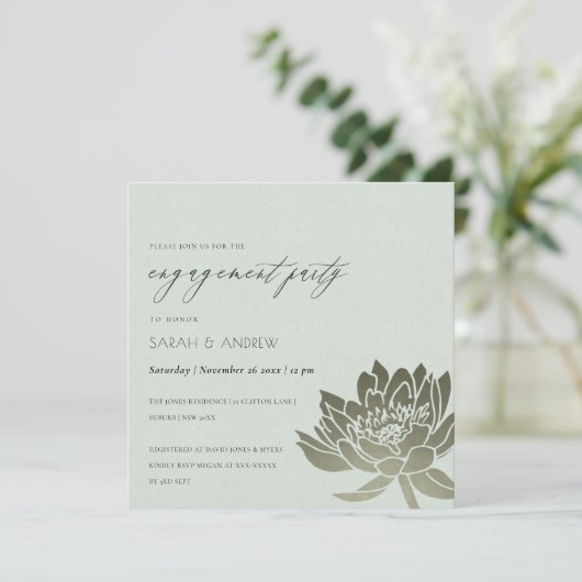 グラマラス淡い色のブルーシルバーロータスフローラ婚約 招待状 (スタンド正面)