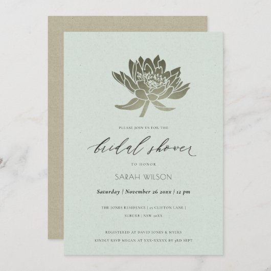 グラマラス淡い色のブルーシルバーロータスブライダルシャワー 招待状 (正面/裏面)