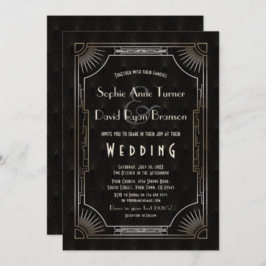 グラマラス素晴らしギャツビー金ゴールド結婚アールデコ 招待状 (正面/裏面)