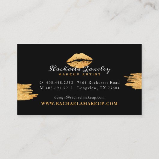 グラマラス美しいブラック&金ゴールドリップメイクアップアーティスト 名刺 (裏面)