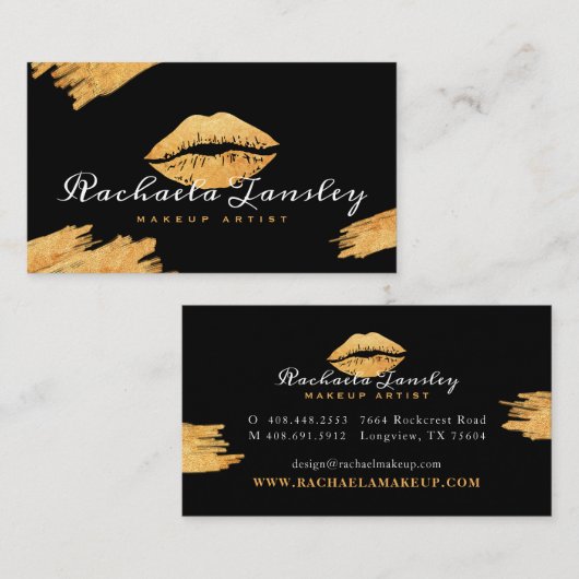 グラマラス美しいブラック&金ゴールドリップメイクアップアーティスト 名刺 (正面/裏面)
