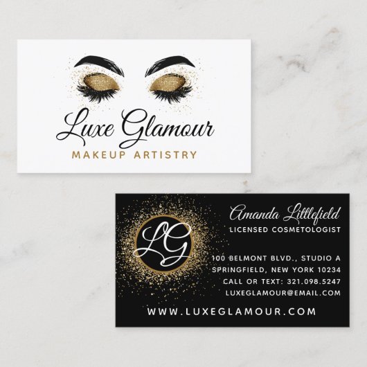 グラマラス金ゴールドアイラッシュメイクアップアーティスト美しいバー 名刺 (正面/裏面)