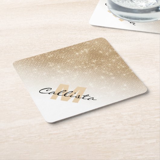 グラマラス金ゴールドグリッターシークインモノグラム ペーパーコースター (アングル)