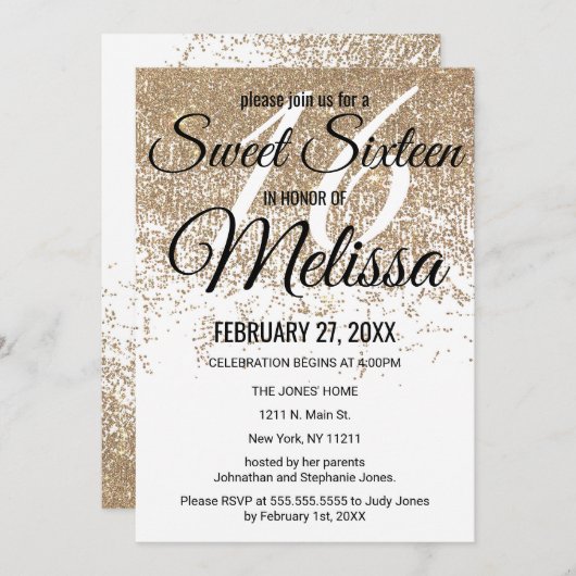 グラマラス金ゴールドグリッタースパークルスホワイトスウィート16 招待状 (正面/裏面)