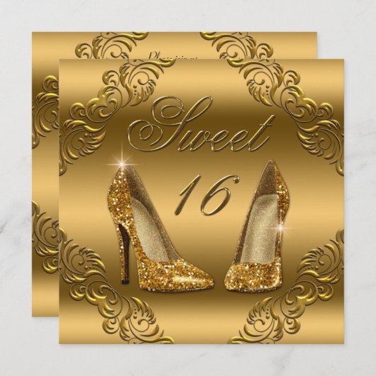 グラマラス金ゴールドグリッターハイヒールスウィート16 招待状 (正面/裏面)