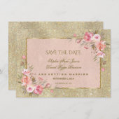 グラマラス金ゴールドグリッター赤面フローラ保存日付 セーブザデート (正面/裏面)