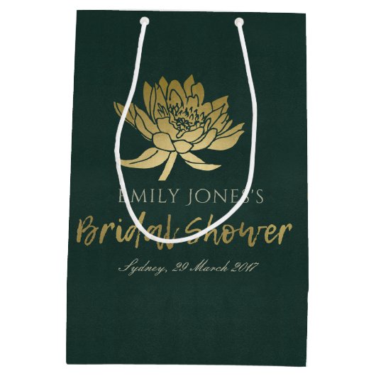 グラマラス金ゴールドグリーンロータスフローラブライダルシャワー ミディアムペーパーバッグ (裏面)