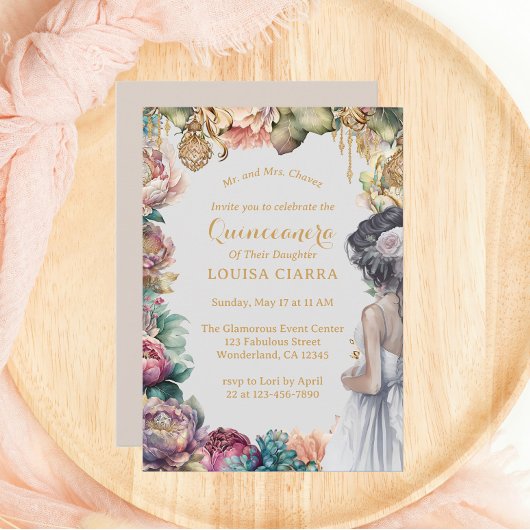 グラマラス金ゴールドスパークルパステルフラワーズキンセアニェラ 招待状