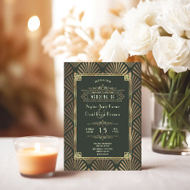 グラマラス金ゴールドダークグリーンアールデコ1920結婚s 招待状