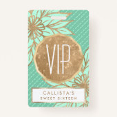 グラマラス金ゴールドティール(緑がかった色)グリーングリッターフラワーストライプズ バッジ (正面)