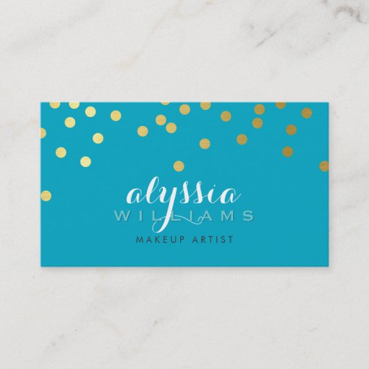 グラマラス金ゴールドフォイル紙吹雪ドットターコイズ 名刺 (正面)