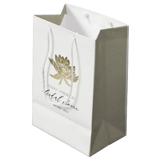 グラマラス金ゴールドホワイトロータスフローラブライダルシャワー ミディアムペーパーバッグ (裏面アングル)