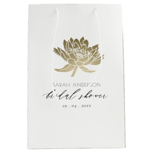グラマラス金ゴールドホワイトロータスフローラブライダルシャワー ミディアムペーパーバッグ (正面)