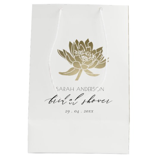 グラマラス金ゴールドホワイトロータスフローラブライダルシャワー ミディアムペーパーバッグ (裏面)