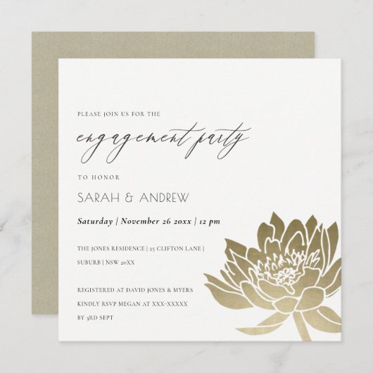 グラマラス金ゴールドホワイトロータスフローラ婚約 招待状 (正面/裏面)