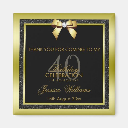 グラマラス金ゴールドボウ&ブラックグリッター40th Birthday マグネット (正面)