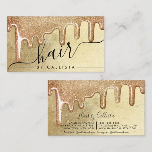 グラマラス金ゴールド厚いグリッタードリップスヘア 名刺 (正面/裏面)